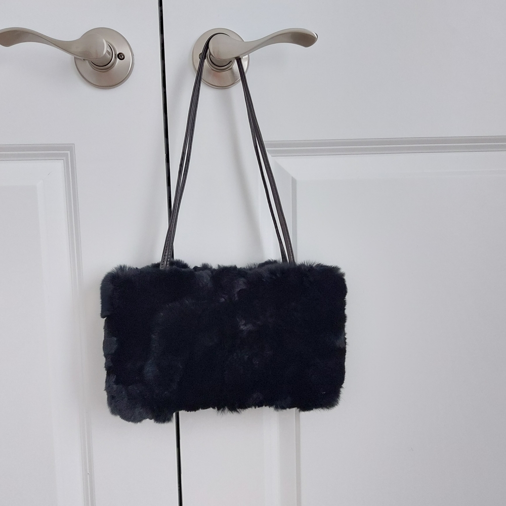 Paola Del Lungo Italy Black Real Fur Shoulder Bag Leather Trim Mob Wife